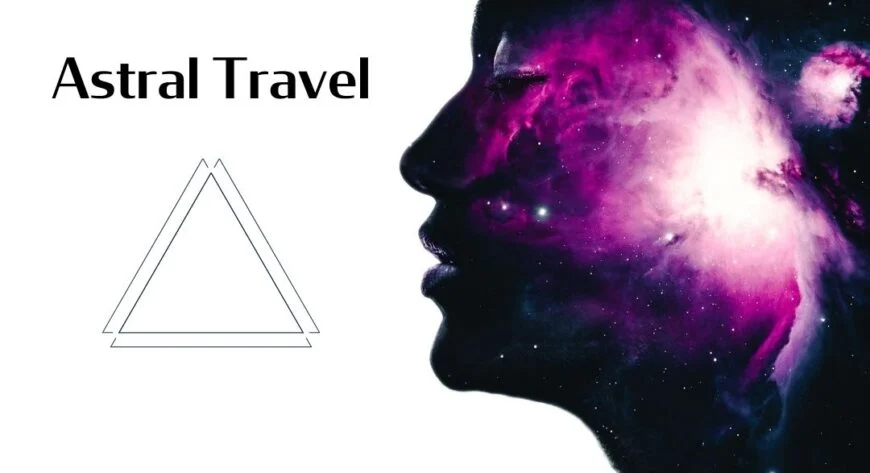 Ilustrație Astral Travel: profil uman cu un peisaj cosmic