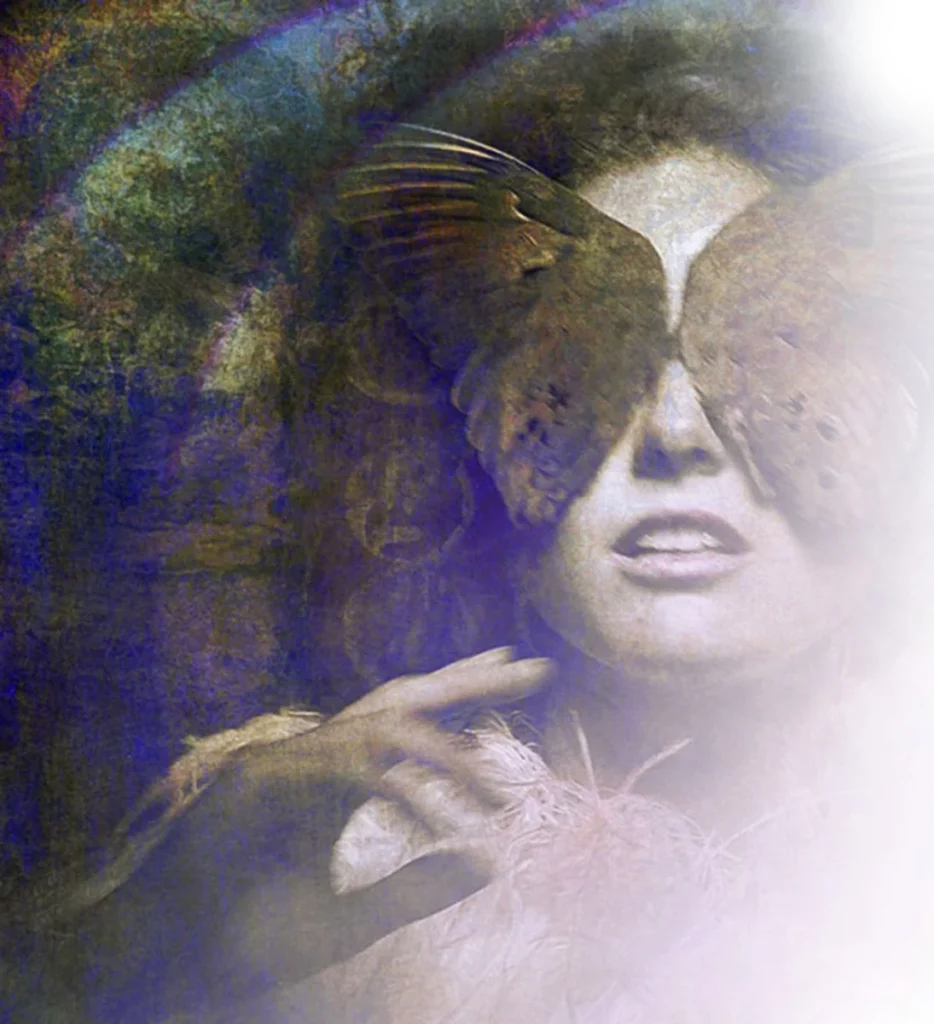 Ilustrație simbolică pentru intuiție spirituală, cu un chip și forme de aripi