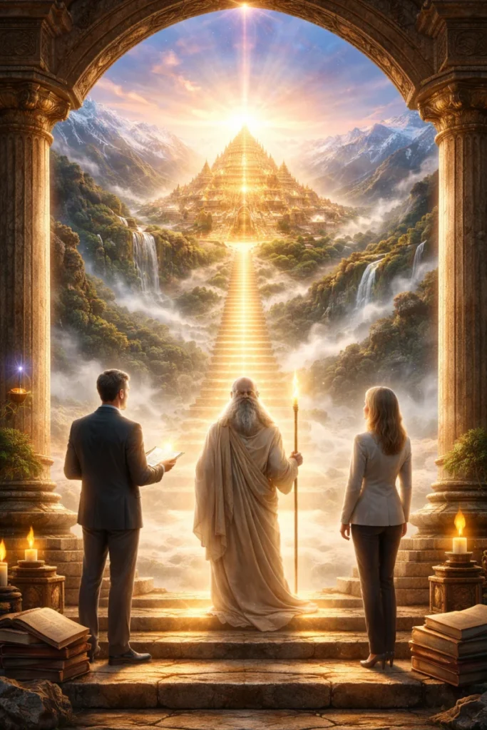 Ilustrație cu trei persoane privind un drum luminos către un templu imaginar